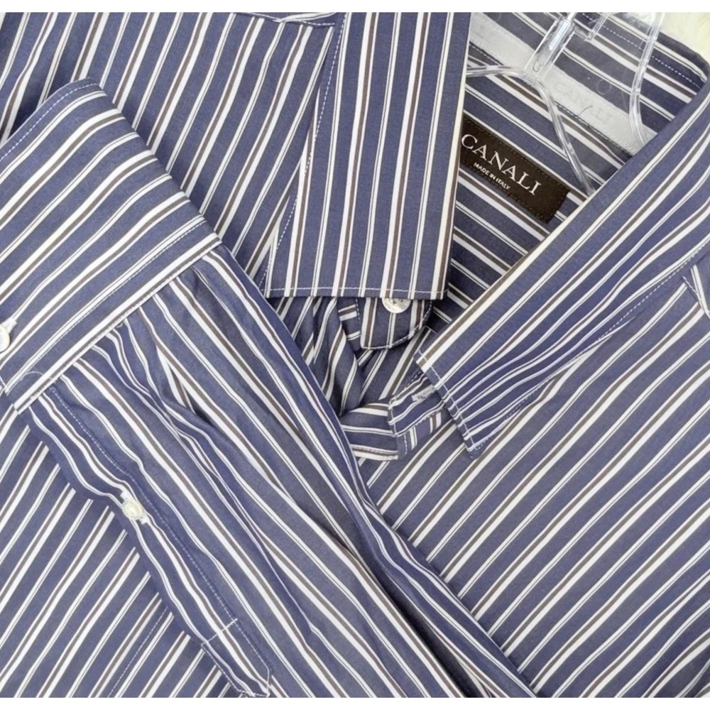 Canali Dress Shirt Mens M Blue Brown Striped Cotton Made in Italy Long Sleeve
